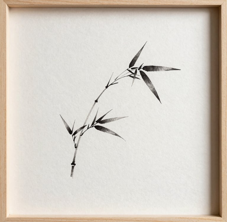A minimalist charcoal ink painting of a single curved bamboo stem on textured off-white paper, framed in a simple light wood frame, cast in soft side-lit daylight.