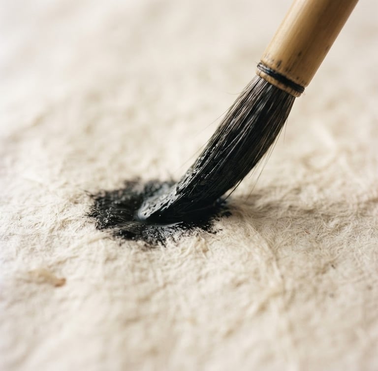 Extreme close-up of a bamboo brush tip loaded with wet black ink touching textured Xuan paper, soft natural side-light.