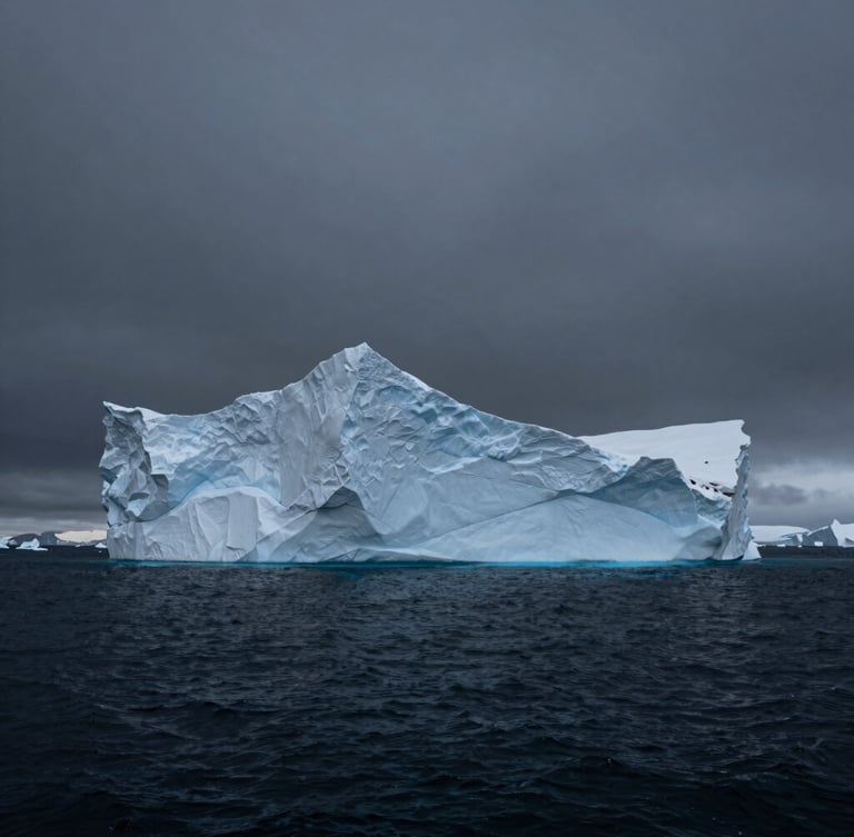 A dramatic vertical portrait of a monolithic iceberg in a dark charcoal arctic ocean, cold overcast daylight, high contrast, cinematic wide-angle.