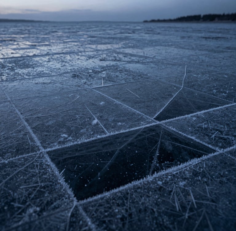 Extreme macro close-up of frosted ice textures, cold blue-hour shadows, geometric crystal patterns, high contrast.