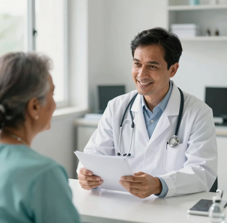 A welcoming doctor in a clean white coat discussing test results with an elderly patient in a bright, modern clinic in Anantapur, warm daylight, 35mm