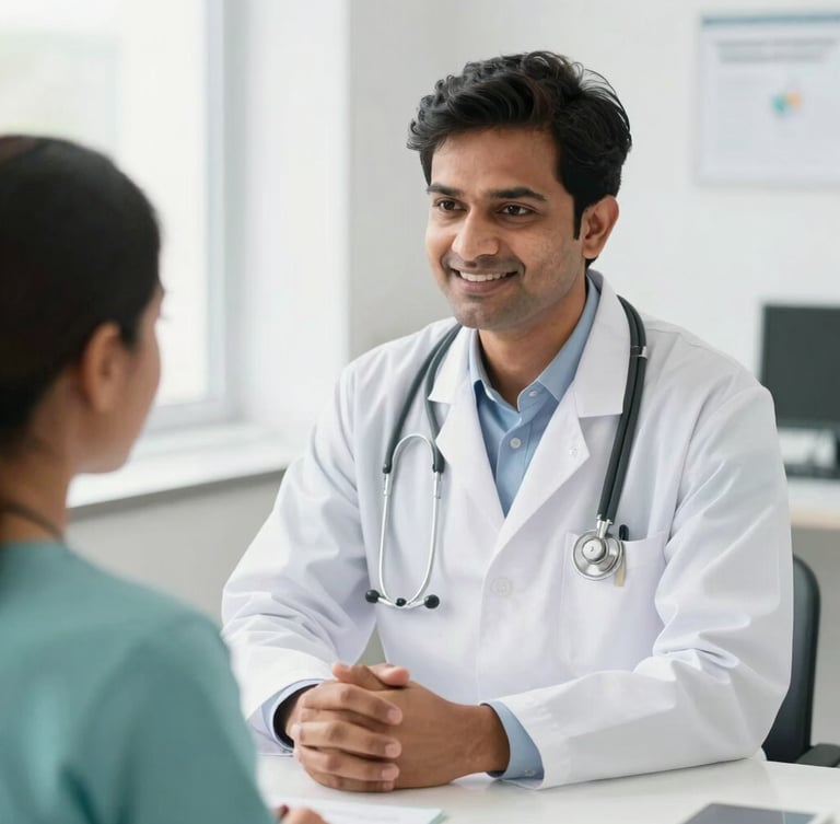 Professional medium shot of a friendly Indian doctor in a clean white coat consulting with a patient in a bright, modern clinic room, soft natural daylight, high clarity