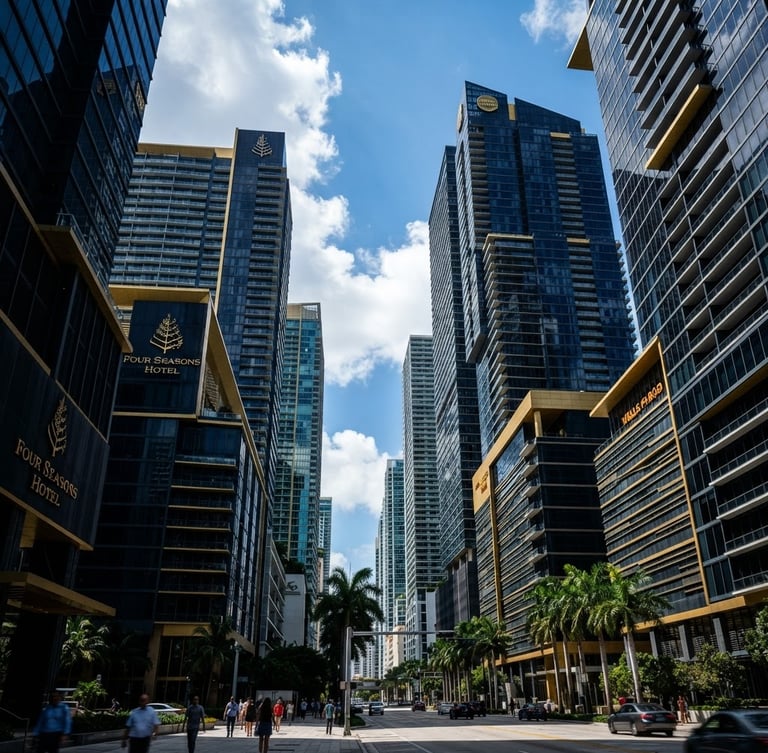 Sharp architectural perspective of Brickell Avenue financial towers in Miami, dramatic high-contrast corporate daylight, deep navy and gold tones, editorial corporate photography