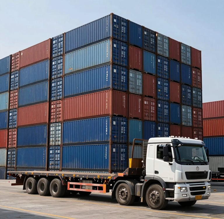 Wide-angle view of Mundra port terminal under harsh midday sun, towering stacks of blue and red shipping containers, a heavy-duty flatbed truck in the foreground, high-contrast industrial utility.