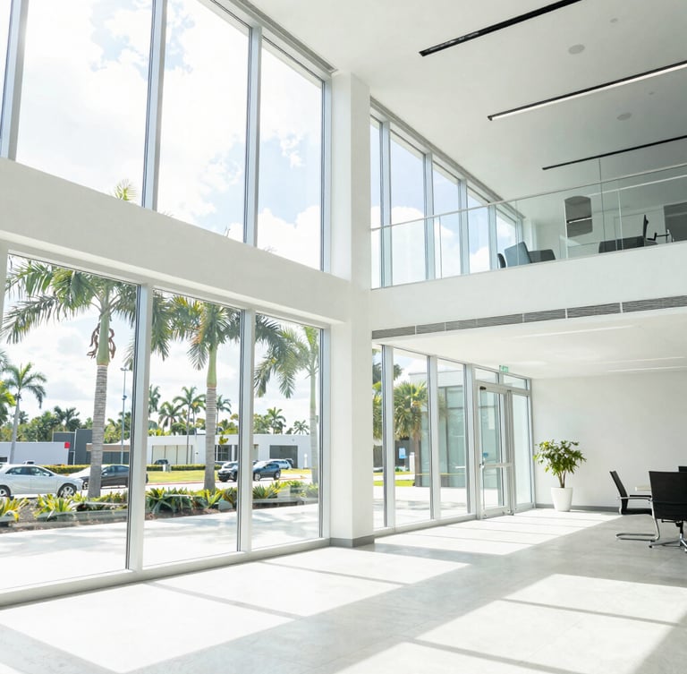 Bright modern Orlando corporate office interior, high-key natural Florida daylight streaming through glass windows, clean architectural lines, 35mm lens
