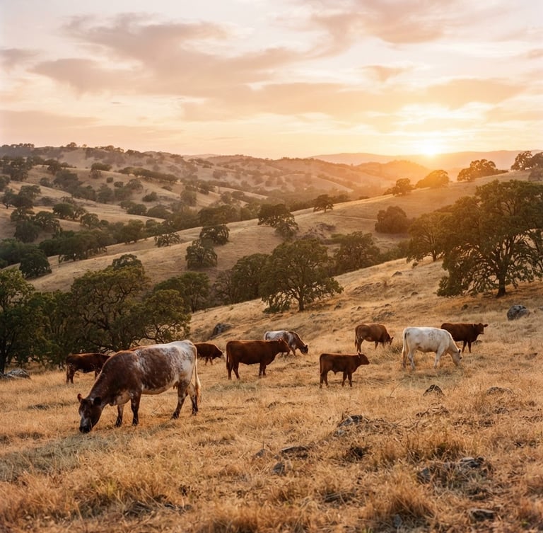 A striking wide-angle landscape of golden California oak-studded hillsides at sunset, with a small herd of Shorthorn cattle grazing peacefully in the foreground, warm golden-hour light, 35mm editorial style