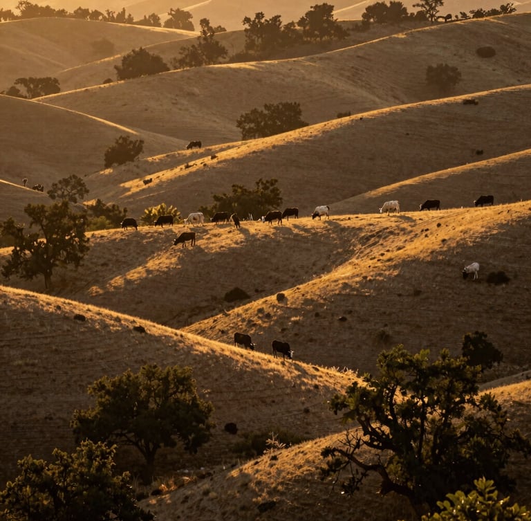 Wide environmental landscape of sun-drenched California oak-studded hillsides at golden hour, a small herd of Shorthorn cattle grazing peacefully in the distance, warm light, 35mm.