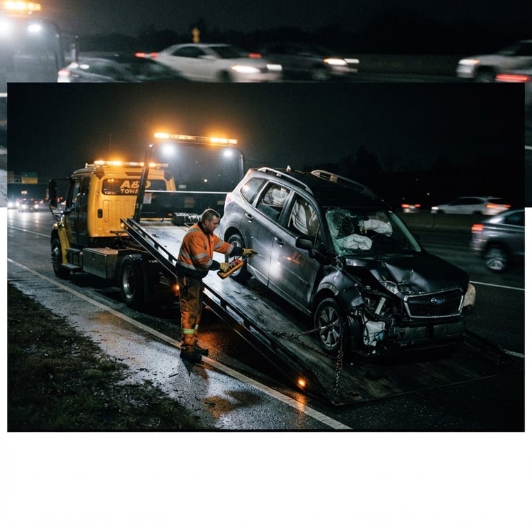 Gritty documentary photography, high contrast, a modern flatbed tow truck loading a damaged SUV at night on a highway, flashing amber lights, cinematic lighting, 35mm