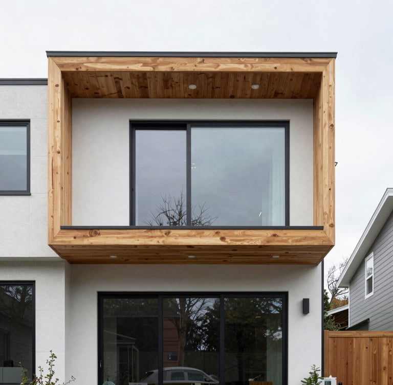Crisp architectural photography of a modern Seattle home exterior under bright overcast daylight, clean cedar accents, sharp focus, 35mm