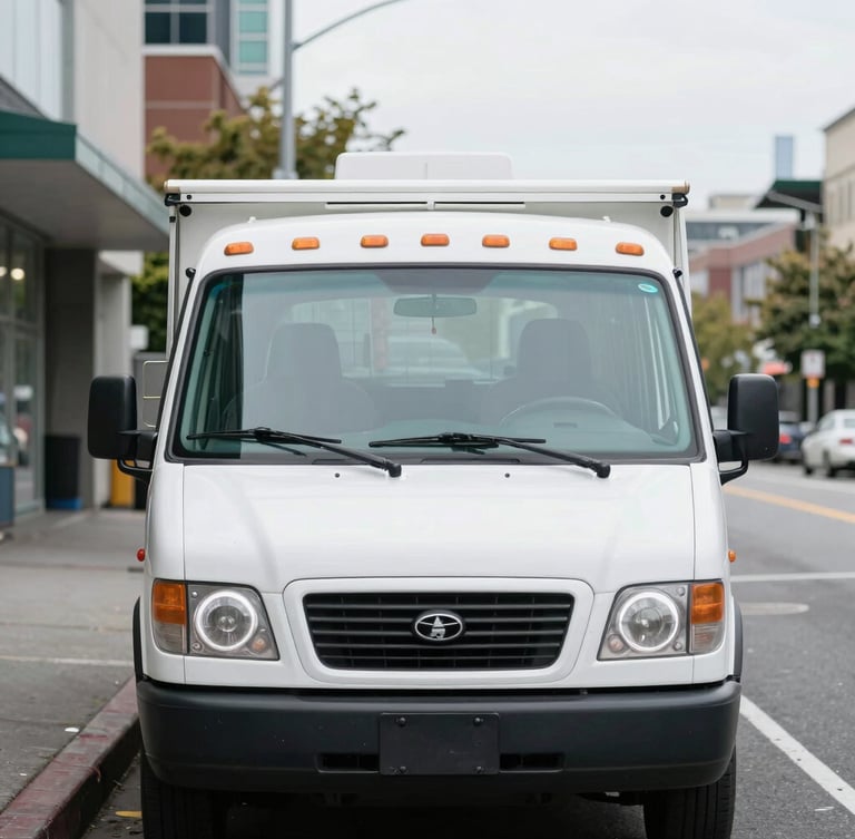 Straight-on medium shot of a clean, organized QingSong service vehicle parked on a Seattle street under bright overcast daylight, 35mm