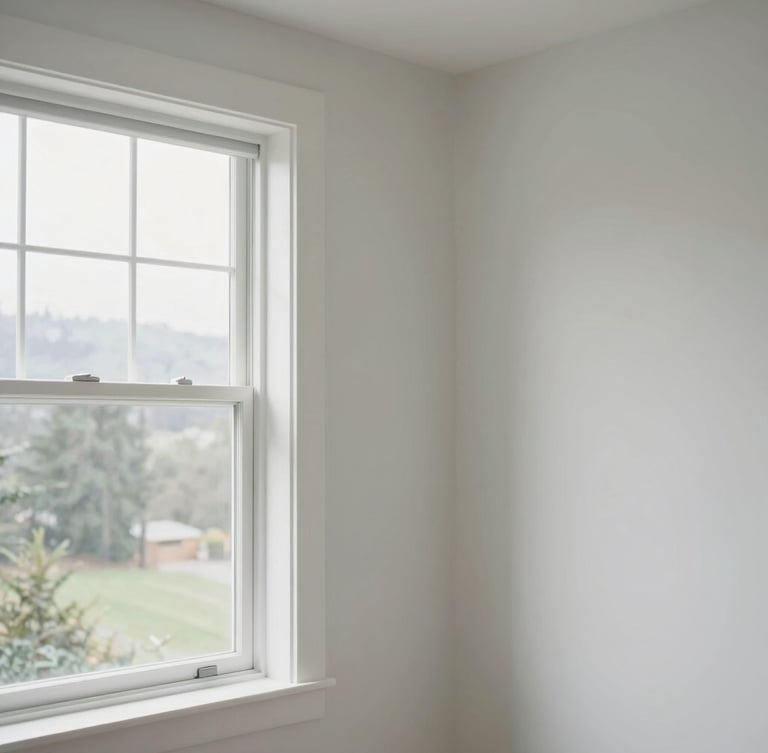 Crisp architectural photography of a freshly painted room with clean edges, natural Pacific Northwest overcast light streaming through a window, 35mm