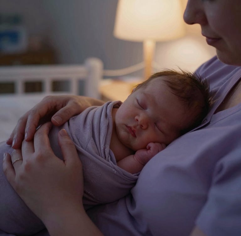 Close-up editorial photography of a postpartum doula's hands gently swaddling a sleeping newborn in a dim, warm lamp-lit nursery, soft twilight tones, 35mm