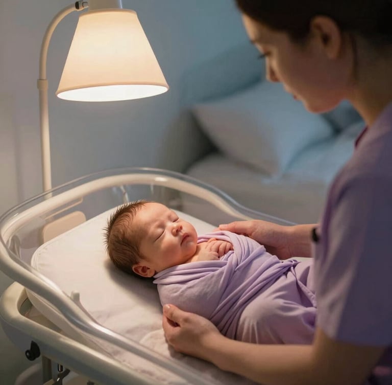 A professional postpartum doula in soft twilight lamp light gently swaddling a sleeping newborn in a calm, organized nursery, warm editorial photography, shallow depth of field, 35mm