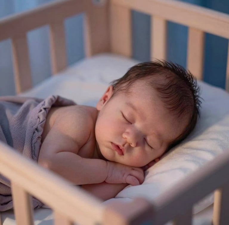 Close-up editorial photography of a newborn peacefully sleeping in a safe wooden crib, bathed in soft twilight lamp light, shallow depth of field, 35mm