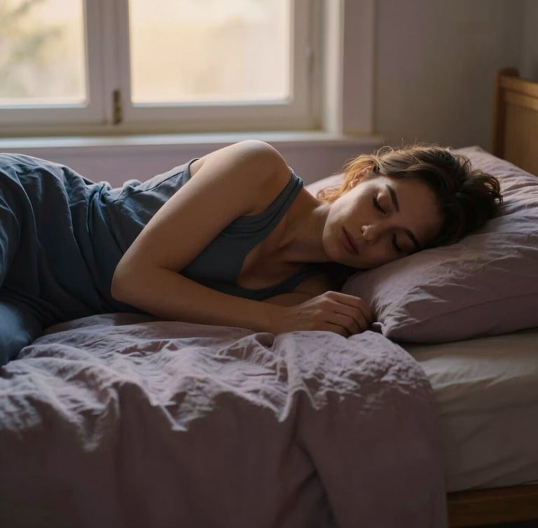A mother resting peacefully on a sunlit daybed with soft linen sheets, warm golden hour window light, serene atmosphere, 35mm editorial photography