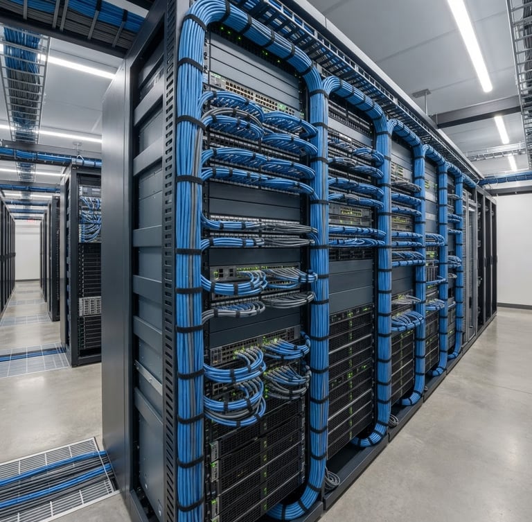 Wide panoramic shot of a meticulously organized server rack with structured blue and grey network cables, illuminated by clean commercial interior lighting, sharp focus on cable management, deep slate and crisp safety-blue tones.