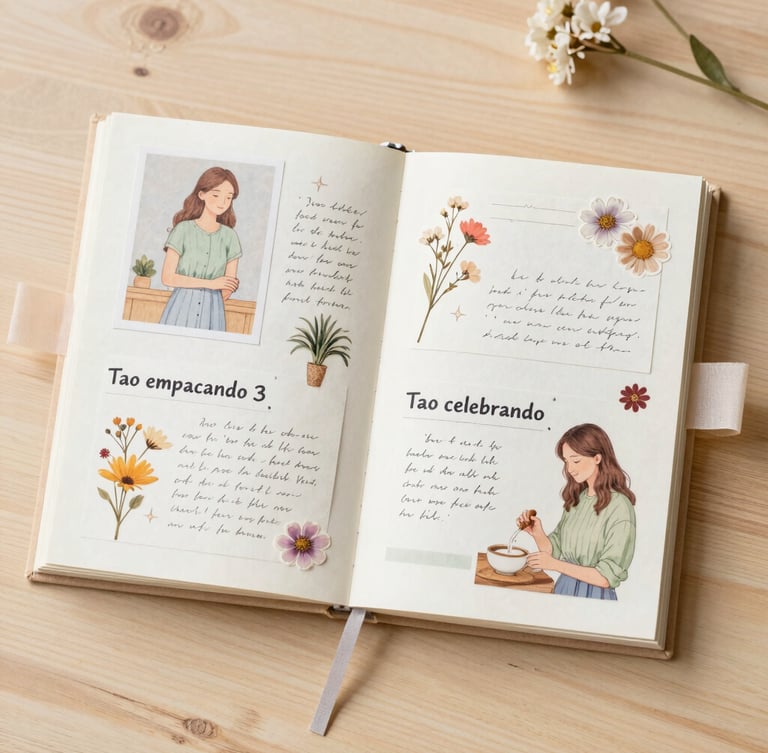 Una composición artística de estilo scrapbook con una ilustración de 'Tao empacando' y 'Tao celebrando', rodeada de elementos de papelería, flores secas y cinta adhesiva, con luz natural suave y fondo de madera clara.