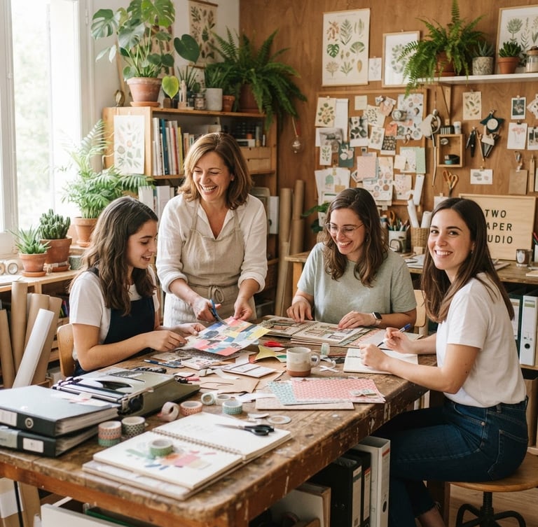 Un retrato cálido y auténtico del equipo de Two Paper Studio en su taller, rodeados de luz natural, plantas y herramientas de diseño, con un toque de scrapbook moderno.