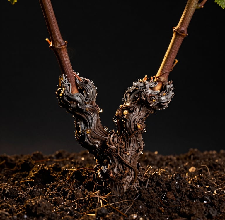 Extreme close-up macro shot of gnarled old grapevines in dark, rich soil under dramatic low-key moonlight, gold accents on the dew drops