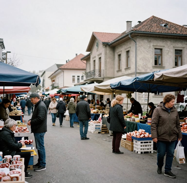 A raw, unedited street scene of an open-air market in Belgrade, locals trading under overcast daylight, desaturated realistic tones.