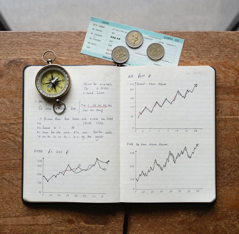 A top-down flat lay of a worn paper notebook filled with handwritten economic charts, next to a vintage compass, a train ticket, and local coins on a wooden table, natural overcast daylight, 35mm film grain