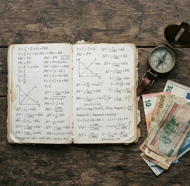 A top-down flat lay of a worn paper notebook filled with handwritten economic equations, a vintage compass, and local paper currency on a rustic wooden table, natural overcast light.