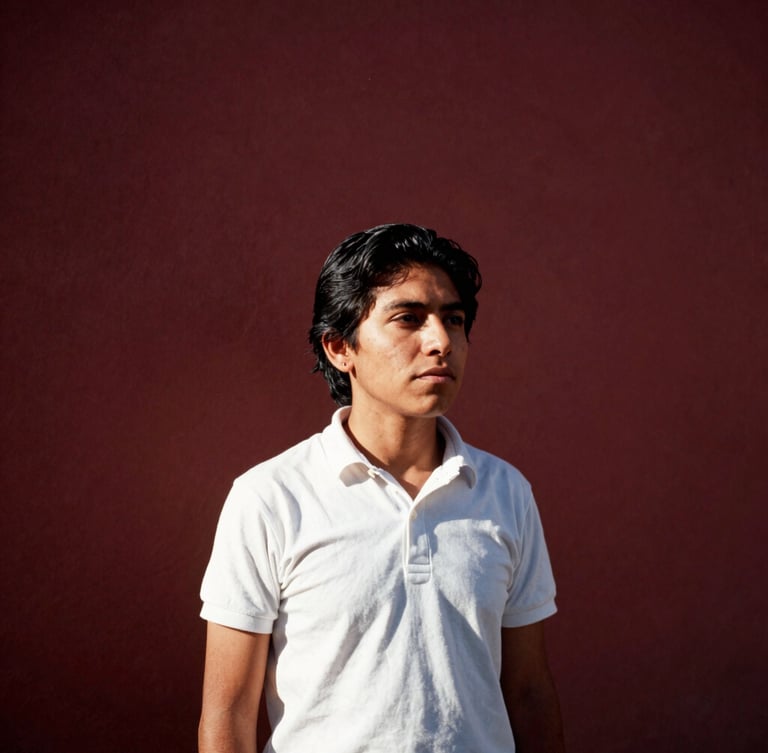 Candid portrait of a young Mexican activist in Aguascalientes, warm natural side-light, dramatic shadows, deep maroon tones, 35mm film grain, minimalist editorial style.