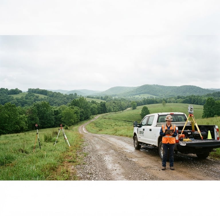 Wide panoramic Kentucky landscape at bright overcast daylight, a GRAY ENGINEERING branded fleet vehicle parked on a dirt road, surveying equipment visible, engineer in workwear reviewing a tablet, low horizon.