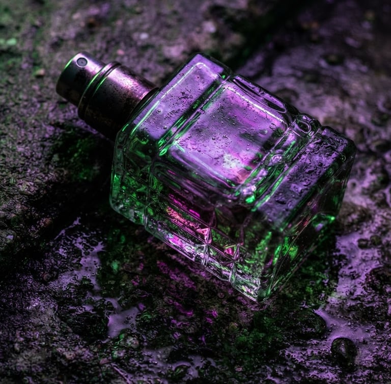 Macro shot of a textured glass perfume bottle, distorted by harsh neon violet and acid green light, casting sharp shadows on a wet concrete surface, Dutch angle, high contrast, raw textures.