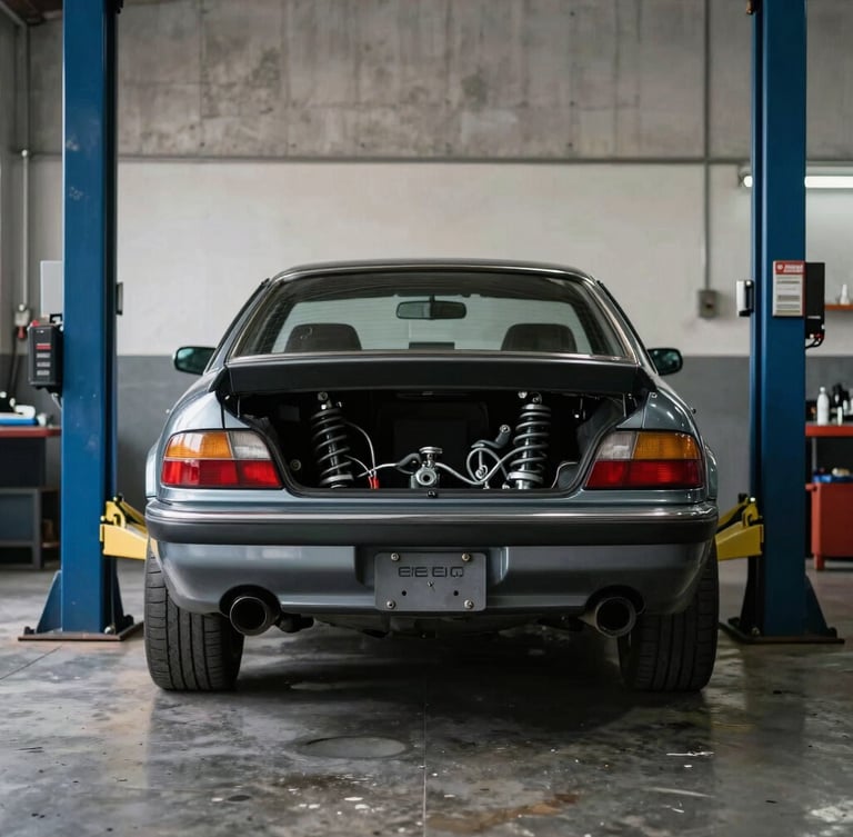 Eye-level straight-on shot of a classic 1990s sports car rear suspension assembly on a hydraulic lift in a clean, concrete-walled workshop.