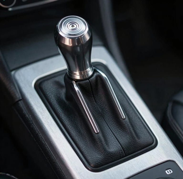 Technical straight-on close-up of a gated manual shifter in an aluminum console, moody low-key workshop lighting, sharp focus on the metallic gates, dark shadows.