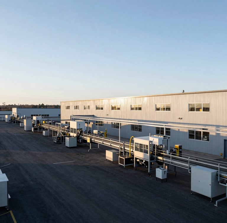 Wide panoramic of a modern, clean Canadian manufacturing facility at dawn, production lines visible, cool desaturated tones, deep navy shadows, natural light, no people visible