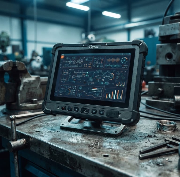 Macro shot of a rugged industrial tablet displaying a technical interface on a steel factory workbench, cool ambient factory lighting, deep navy and teal tones, sharp details, 35mm