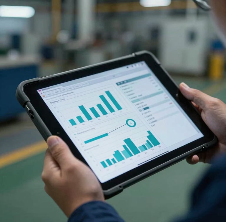 Macro close-up of a rugged industrial tablet held by a worker on a factory floor, showing a clean technical software interface with teal charts, cool ambient factory lighting, sharp shadows, 35mm