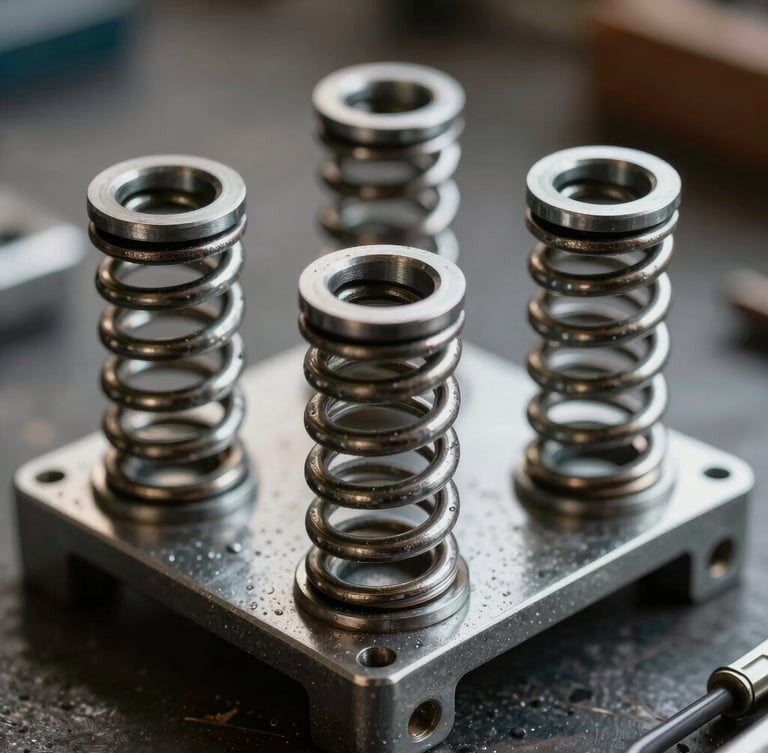 Macro close-up of heavy-duty steel torsion springs and clean mechanical brackets in high-contrast garage lighting.
