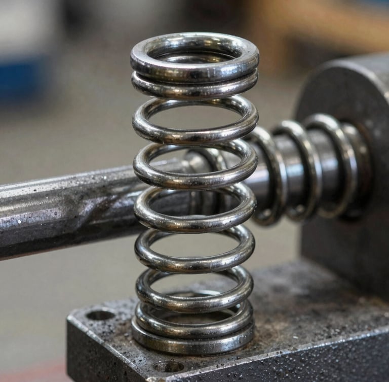 Macro detail shot of a heavy-duty steel torsion spring mounted on a metal shaft, crisp high-contrast garage lighting highlighting the metallic coils.