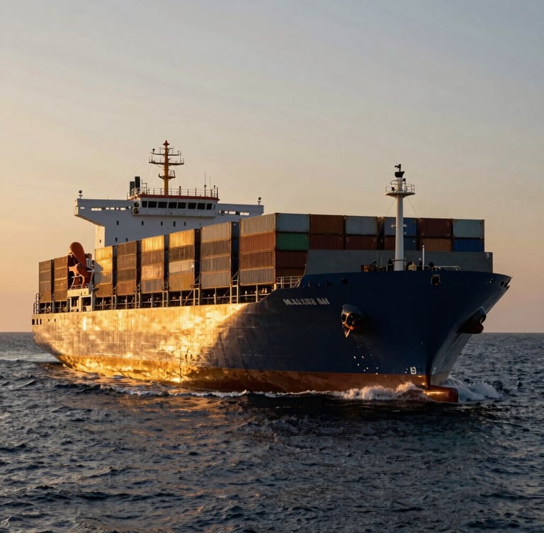 Extreme wide shot of a massive container vessel cutting through deep ocean water at twilight, dramatic low-key golden hour lighting, no text.