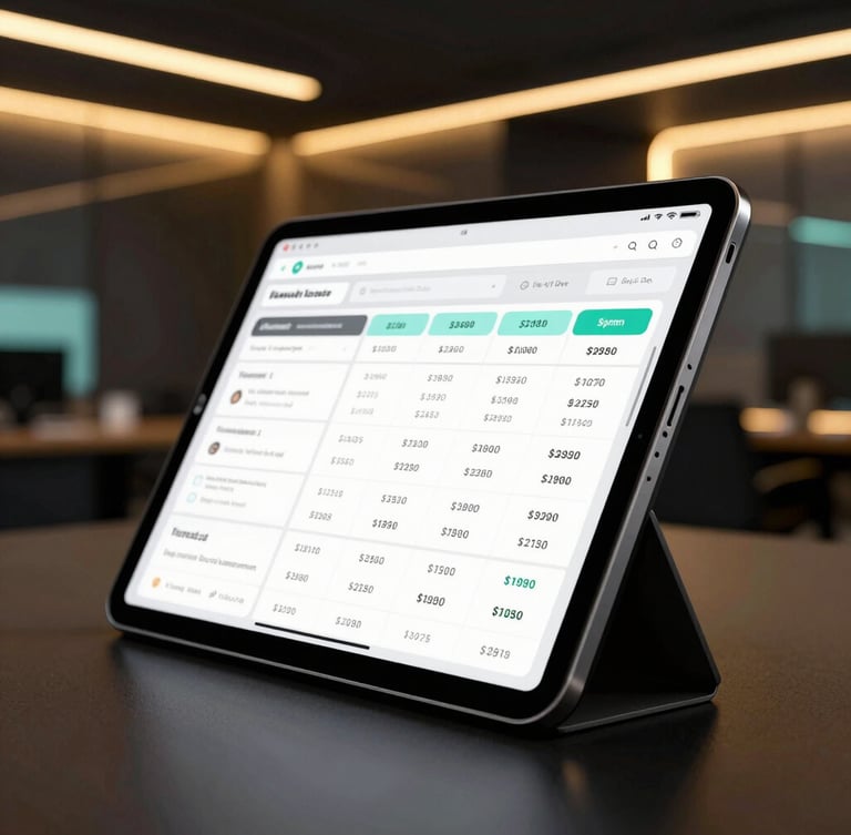 Macro shot of a high-end tablet displaying a clean real estate data dashboard, sleek modern dark office interior background, warm gold ambient glow, sharp focus