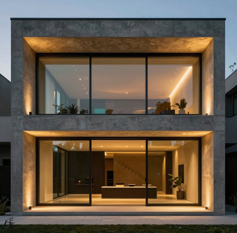 Sleek modern architectural villa exterior at dusk, sharp symmetrical concrete lines, warm gold ambient lighting from floor-to-ceiling windows, deep shadows, 35mm lens