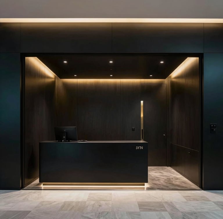 Sleek modern architectural interior of a luxury real estate brokerage office in Madrid, high-contrast dark lighting, subtle gold ambient glows, sharp 35mm lens