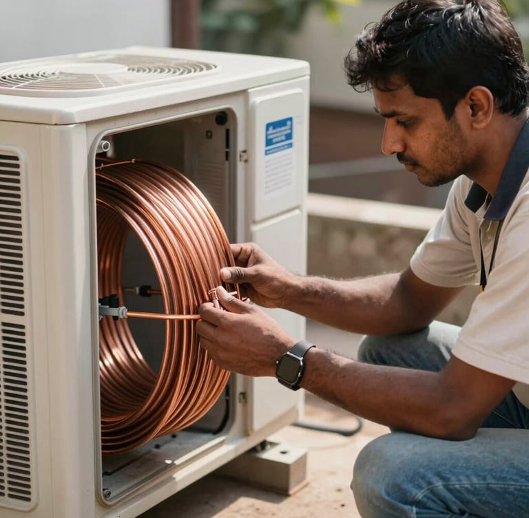 Medium shot of a technician safely extracting copper coils from an old AC outdoor unit on a bright Hyderabad afternoon, natural daylight, focus on the copper tubes.