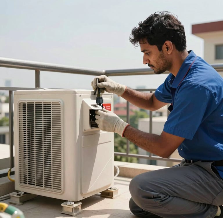 A professional technician safely uninstalling an AC outdoor unit from a residential balcony in Hyderabad, bright daylight, action shot.