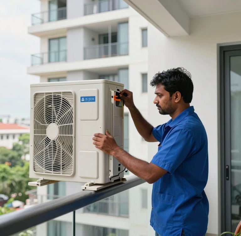 Bright daylight medium shot of a technician in a blue uniform carefully unmounting a split AC outdoor unit from a modern Hyderabad apartment balcony.