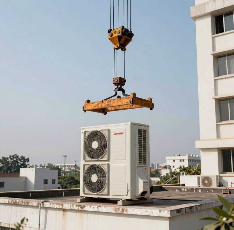 A heavy crane lifting a large commercial air conditioning chiller unit from an office building roof in Gachibowli, Hyderabad, bright daylight