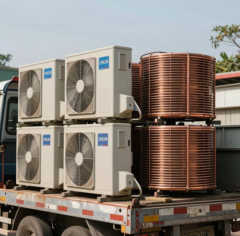 A stack of decommissioned outdoor AC units and copper coils on a transport truck in bright daylight in Hyderabad, medium shot.