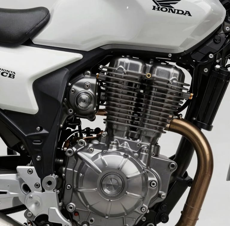 Close-up of a high-performance Honda motorcycle engine, emphasizing precision engineering and cleanliness. Soft, professional studio lighting highlighting metallic textures and the iconic Honda logo. Modern, technological atmosphere.