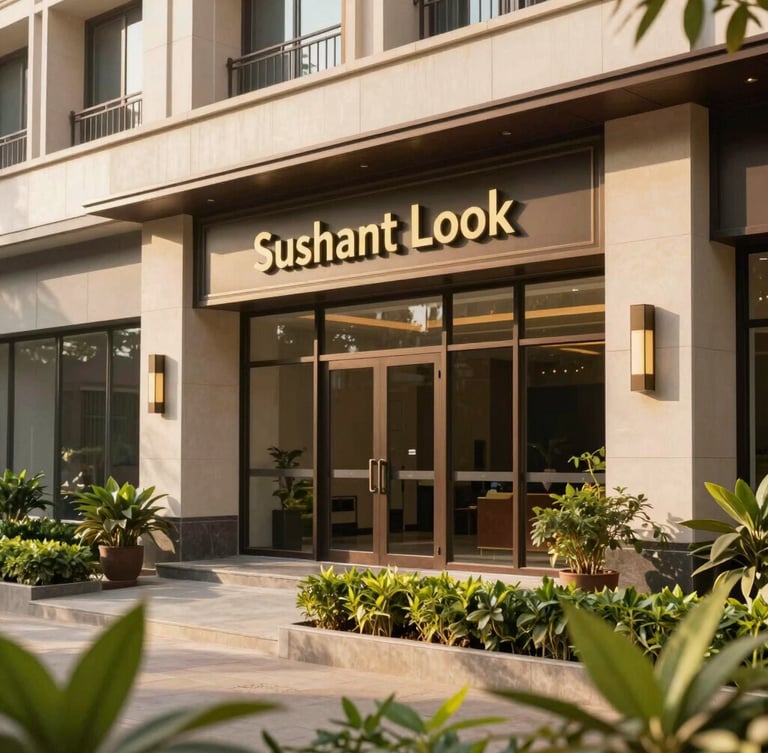 Warm editorial photograph of a modern premium independent floor facade in Sushant Lok, clean architectural lines, manicured greenery, bright natural Indian sunlight.