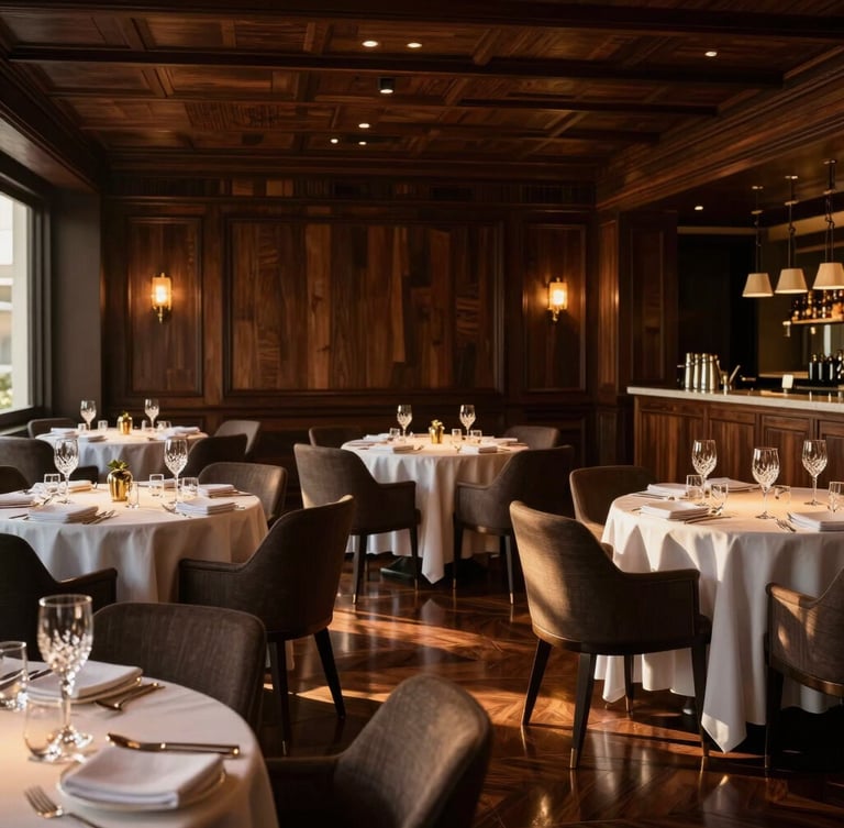 Architectural wide angle of an empty luxury restaurant dining room, pristine table settings with crystal glasses, warm golden hour light reflecting on dark polished wood, elegant editorial photography, 35mm