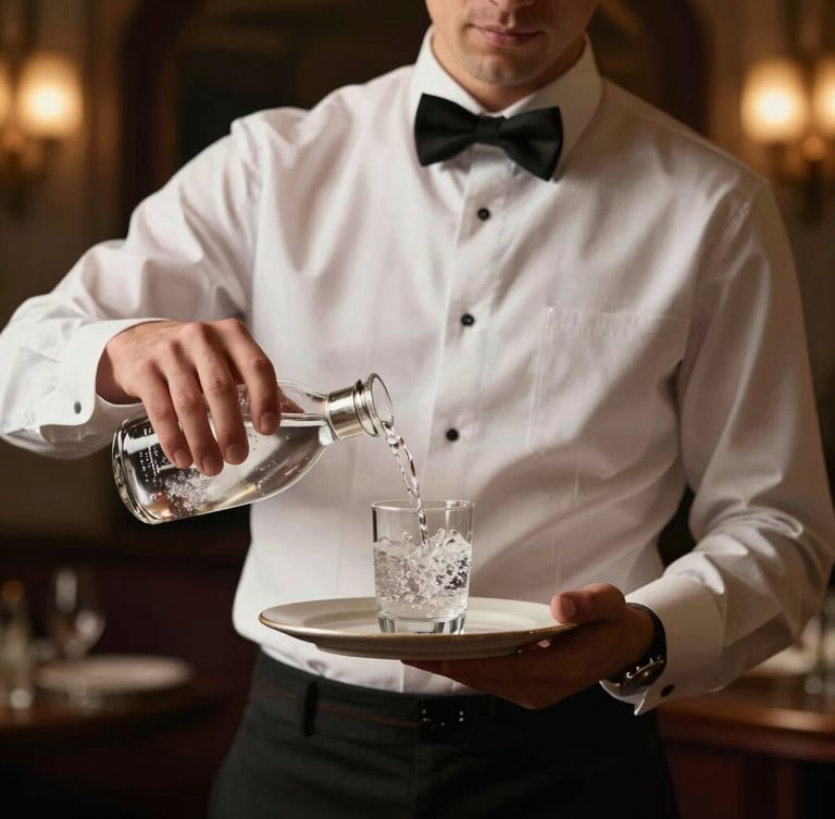 Elegant editorial photography of a professional server in a crisp white uniform pouring sparkling water, warm dramatic low-key lighting, shallow depth of field, 35mm.
