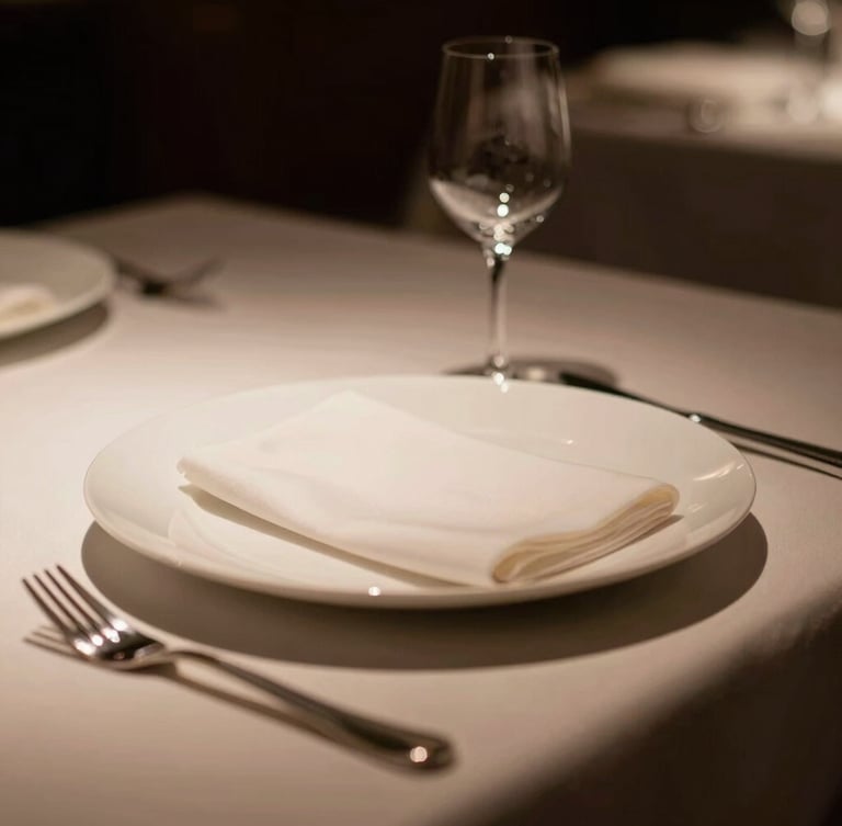 Elegant macro shot of a pristine, minimalist table setting in a luxury restaurant, low-key dramatic warm lighting, deep rich tones, 35mm.